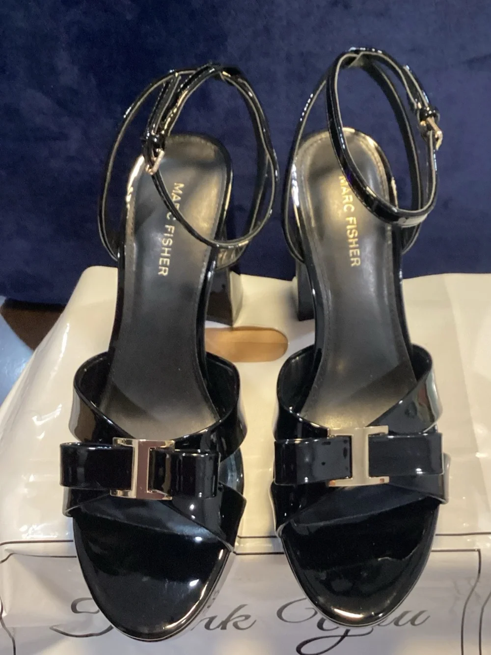 Marc Fisher Daasee Patent Platform Sandals Black Bow Heels Size 9.5 NWOB